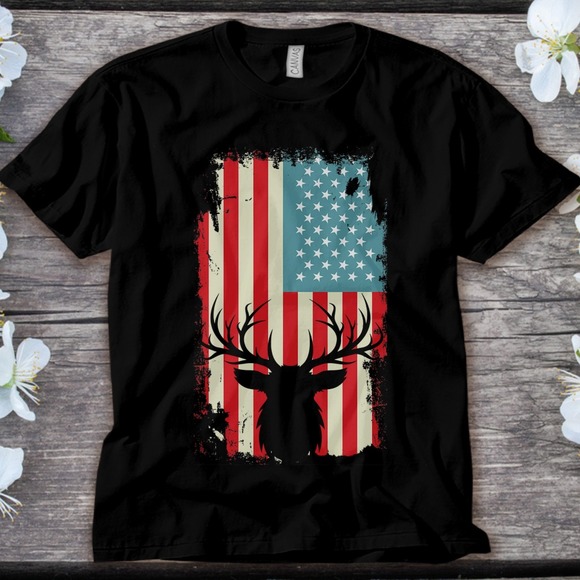 American Flag Deer Hunting Vintage Hunter USA Flag Best Gift Unisex T-shirt - Picture 1 of 2
